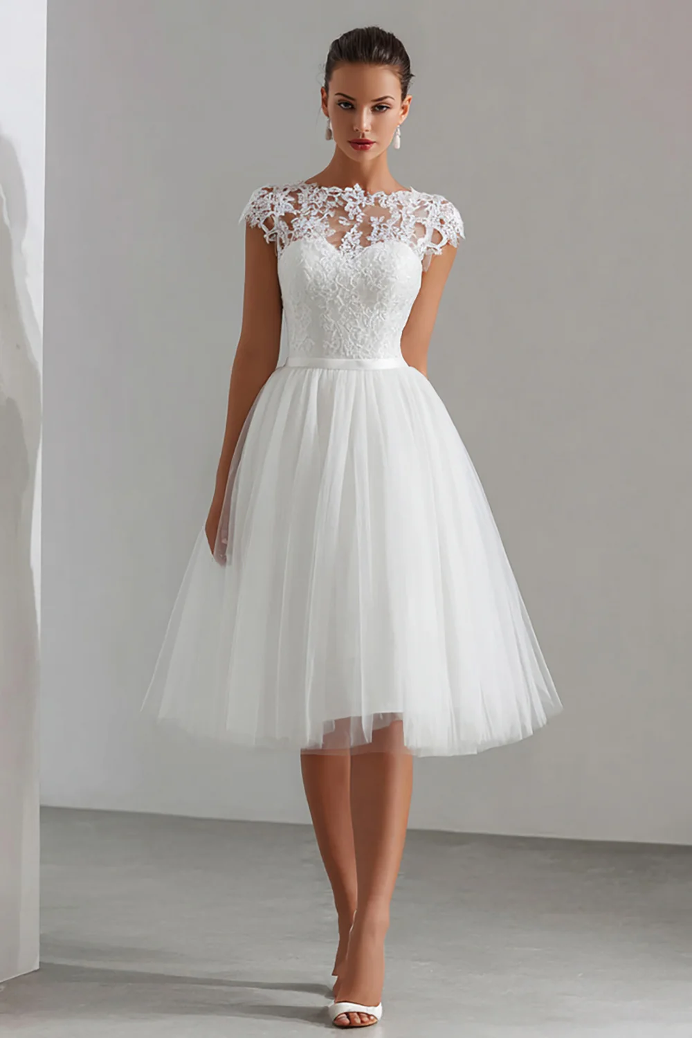 White Tulle A Line Bateau Neck Midi Engagement Dress with Lace - VNBITS