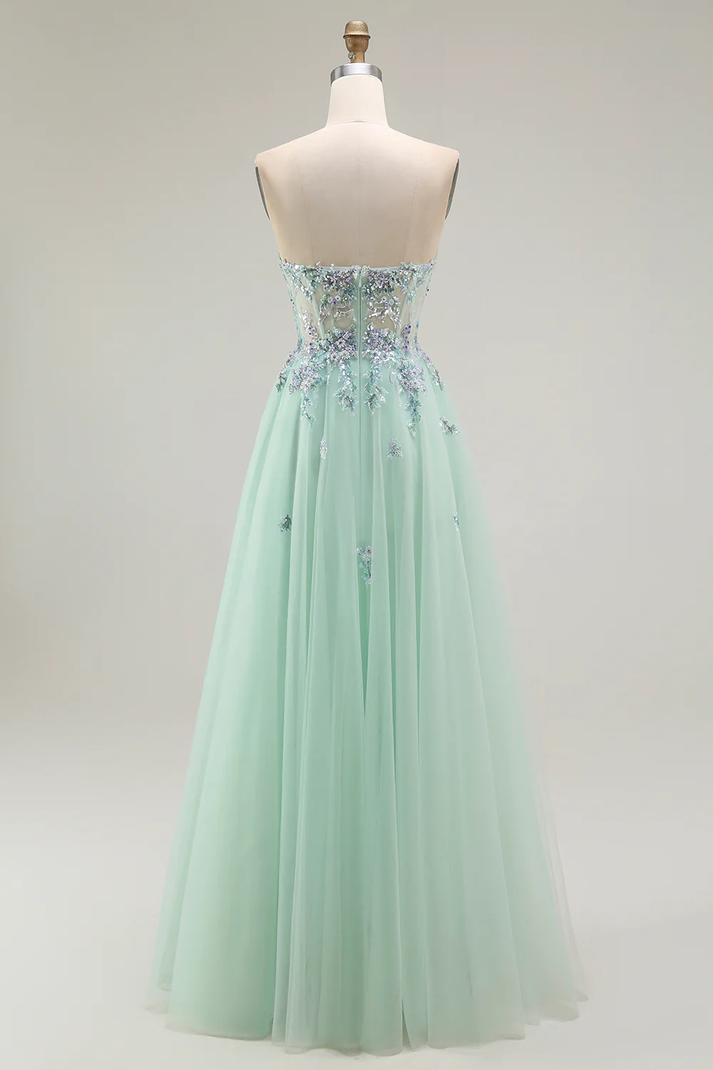 Green Strapless A Line Floral Long Prom Dress with Appliques - VNBITS