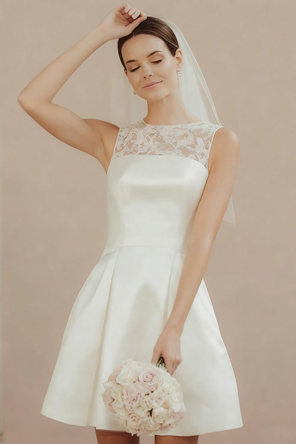 White A Line Satin Round Neck Short Wedding Dress with Lace - VNBITS