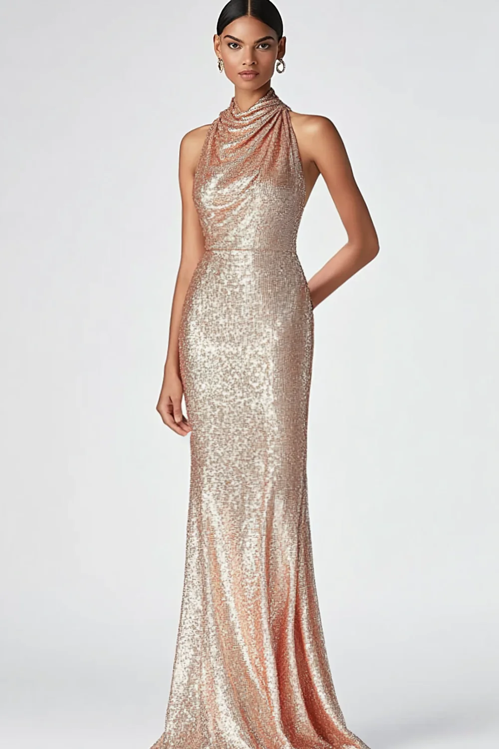 Champagne Halter Mermaid Sequins Formal Dress - VNBITS