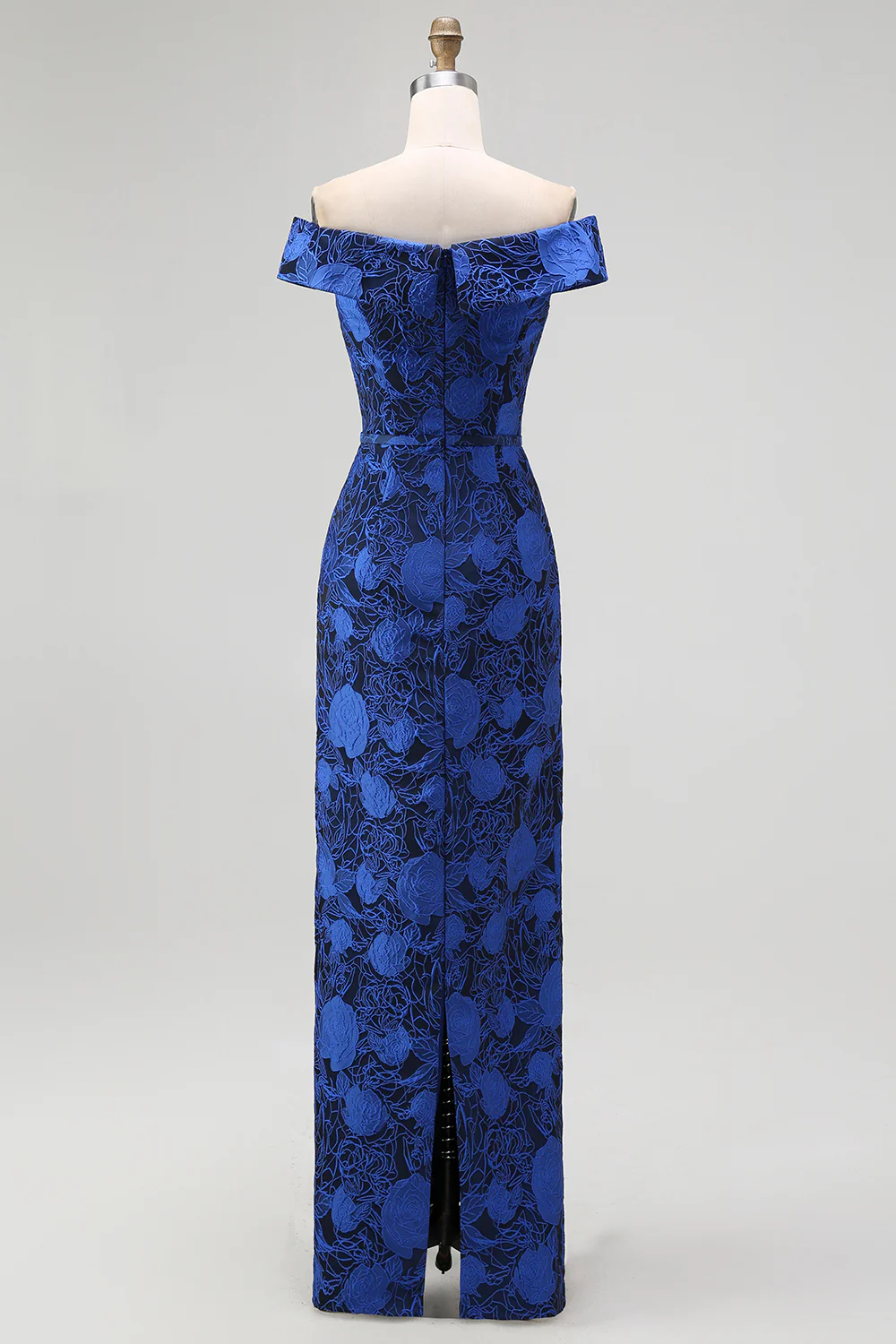 Dark Blue Floral Off the Shoulder Sheath Long Wedding Guest Dress with Slit - VNBITS
