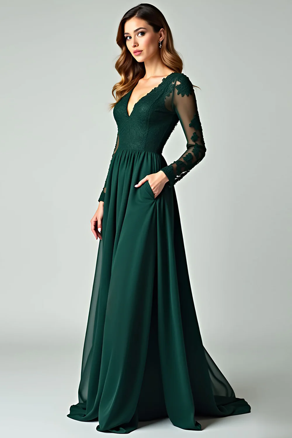 V-Neck Pine Appliqued Prom Dress with Long Sleeves - VNBITS