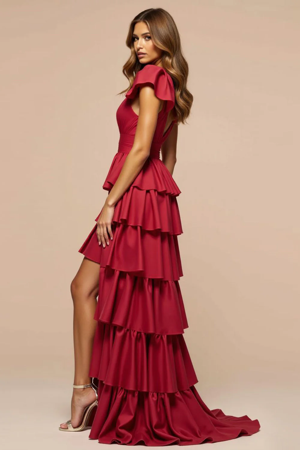 Elegant Dark Red A Line Satin Long Prom Dress with Ruffles - VNBITS
