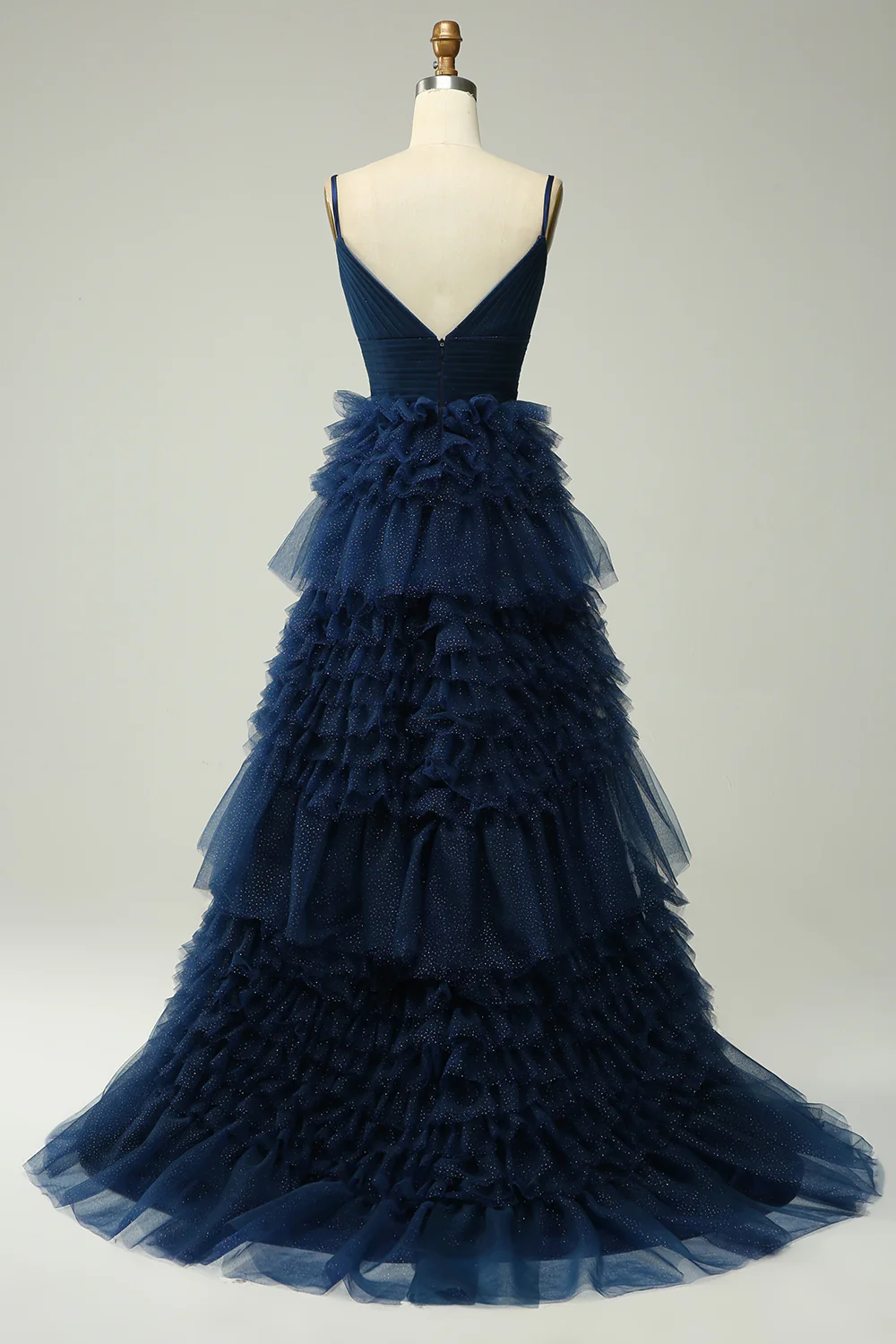 A Line Spaghetti Straps Navy Tiered Prom Dress - VNBITS