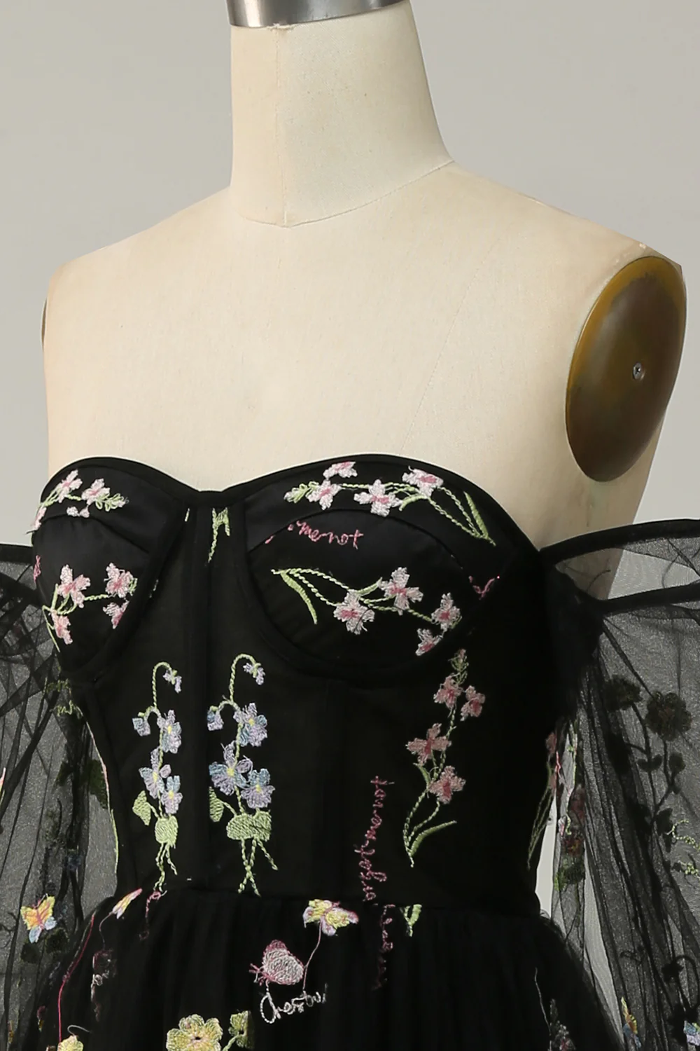 Black Off Shoulder Floral Long Prom Dress - VNBITS