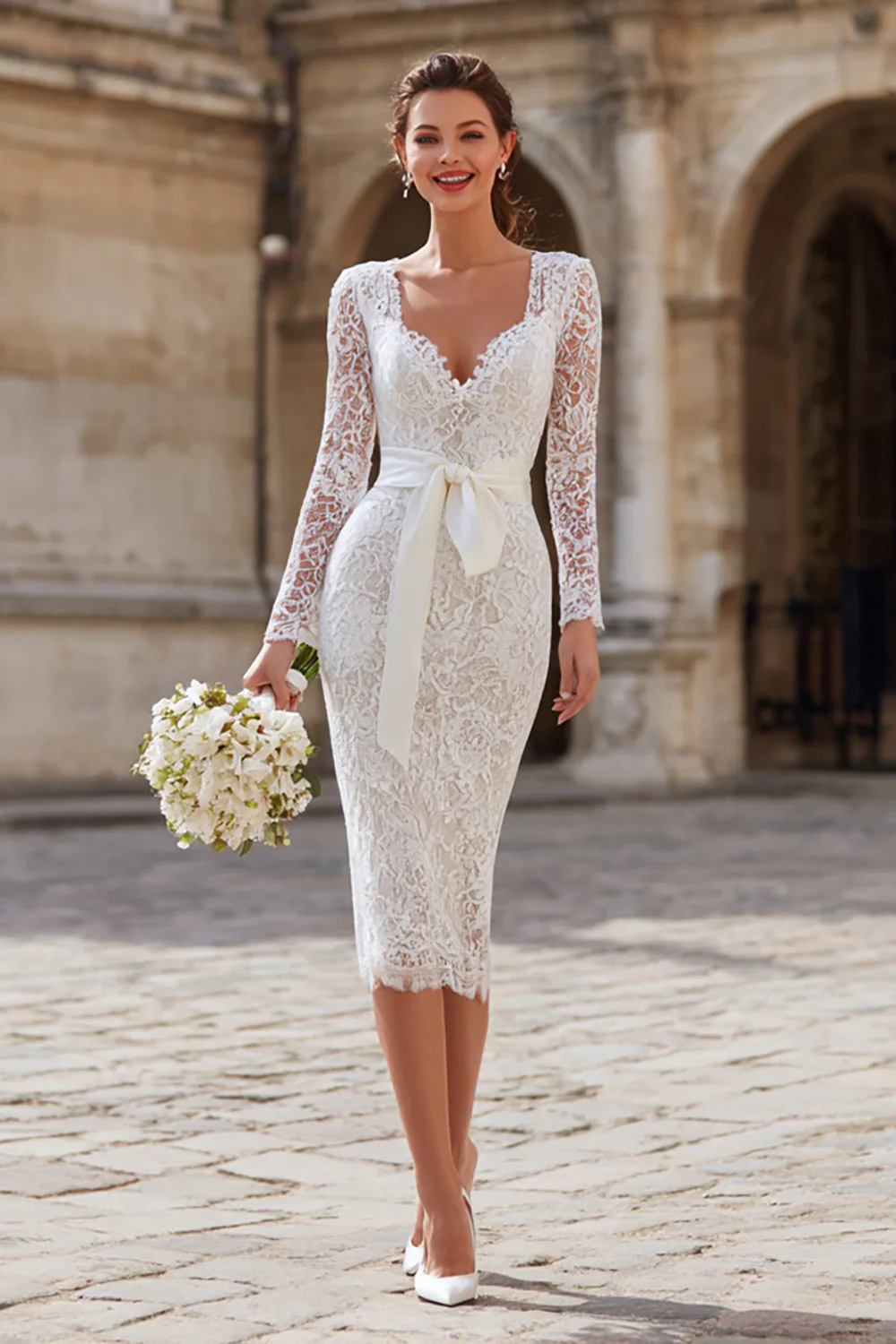 Ivory Bodycon Lace Midi Wedding Dress with Sleeves - VNBITS