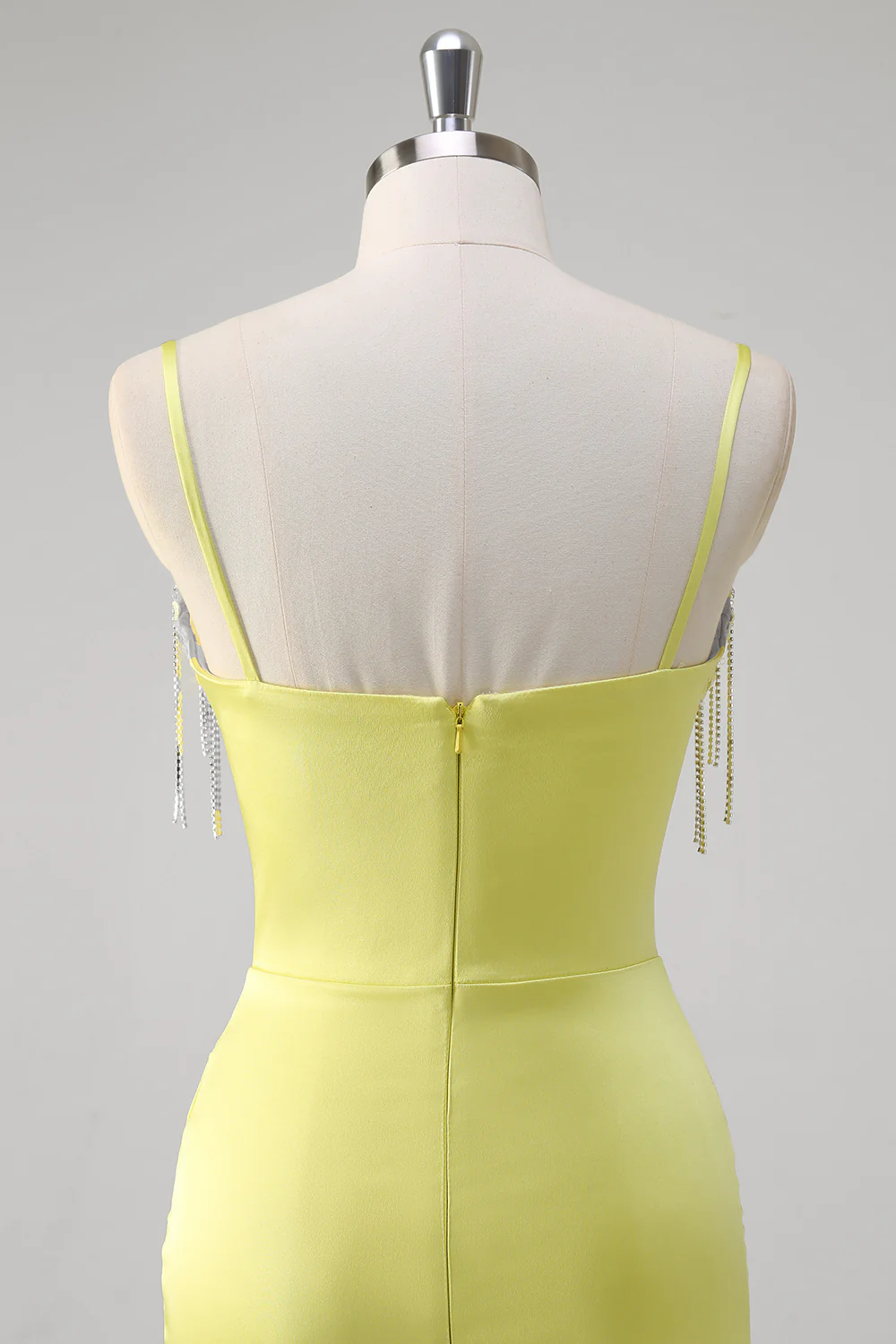 Yellow Mermaid Beaded Applique Spaghetti Straps Long Prom Dress with Slit - VNBITS