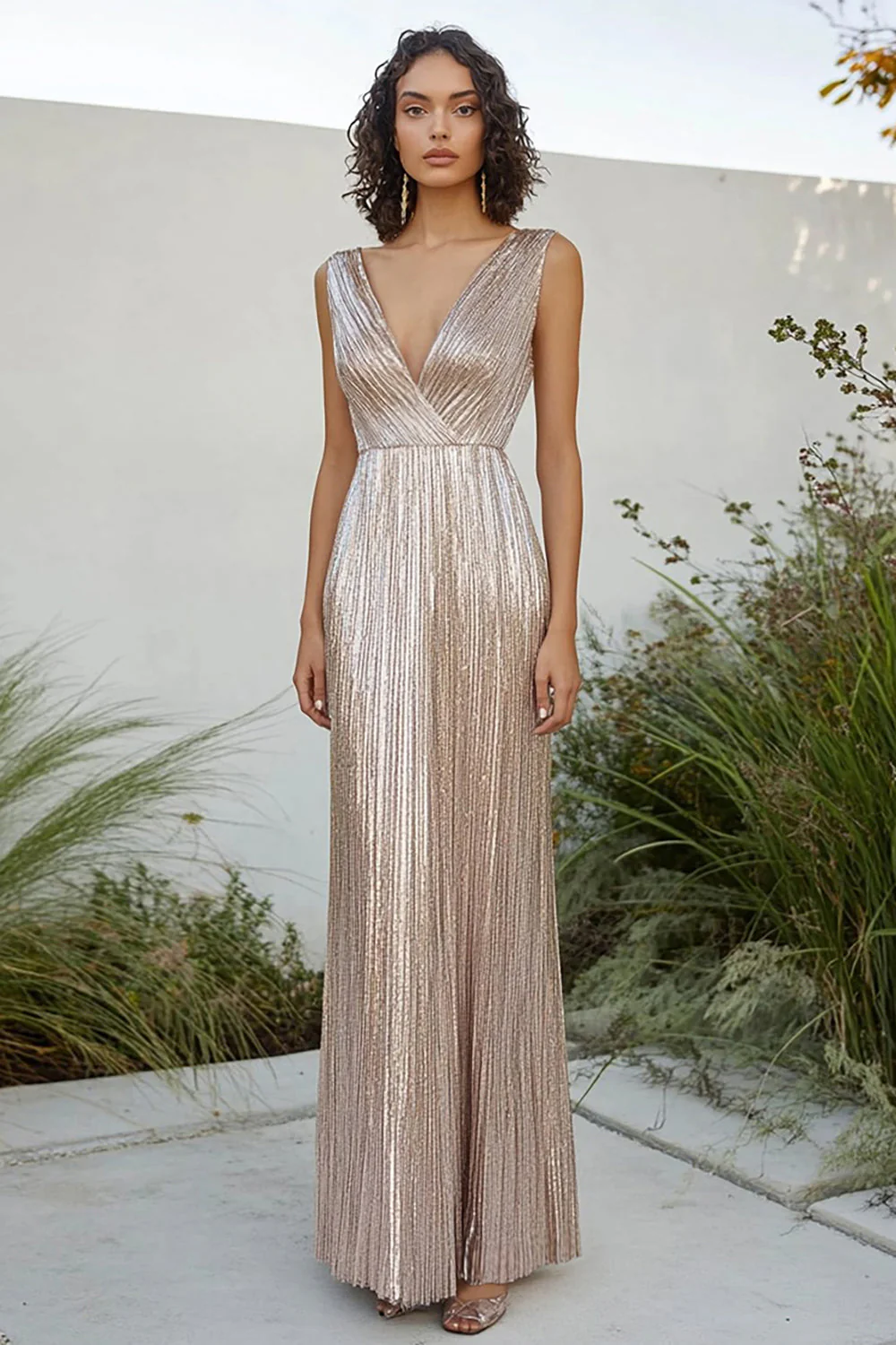 Champagne Metallic Pleated V-neck Sheath Long Formal Dress - VNBITS