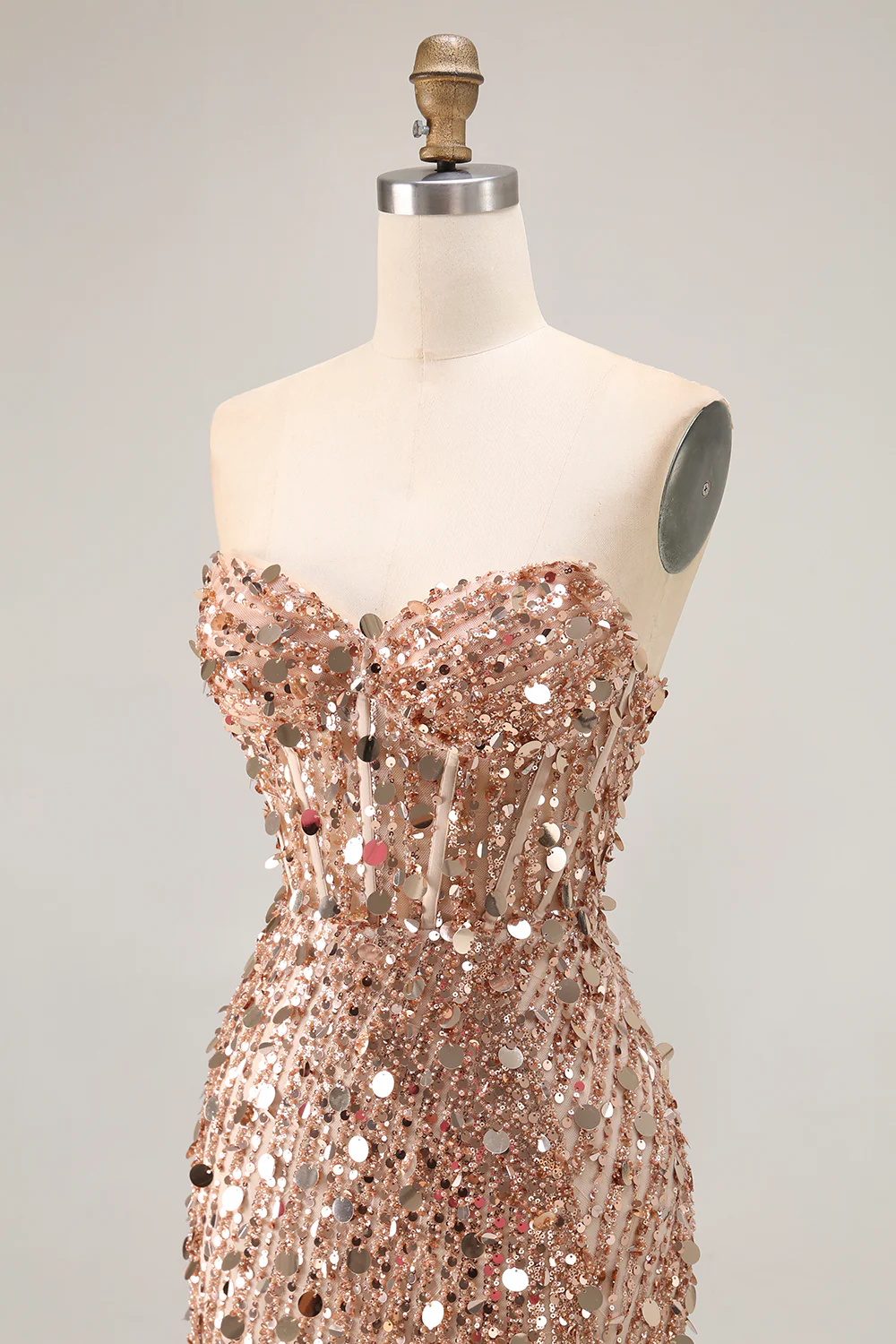 Sparkly Champagne Corset Beaded Long Prom Dress with Slit - VNBITS
