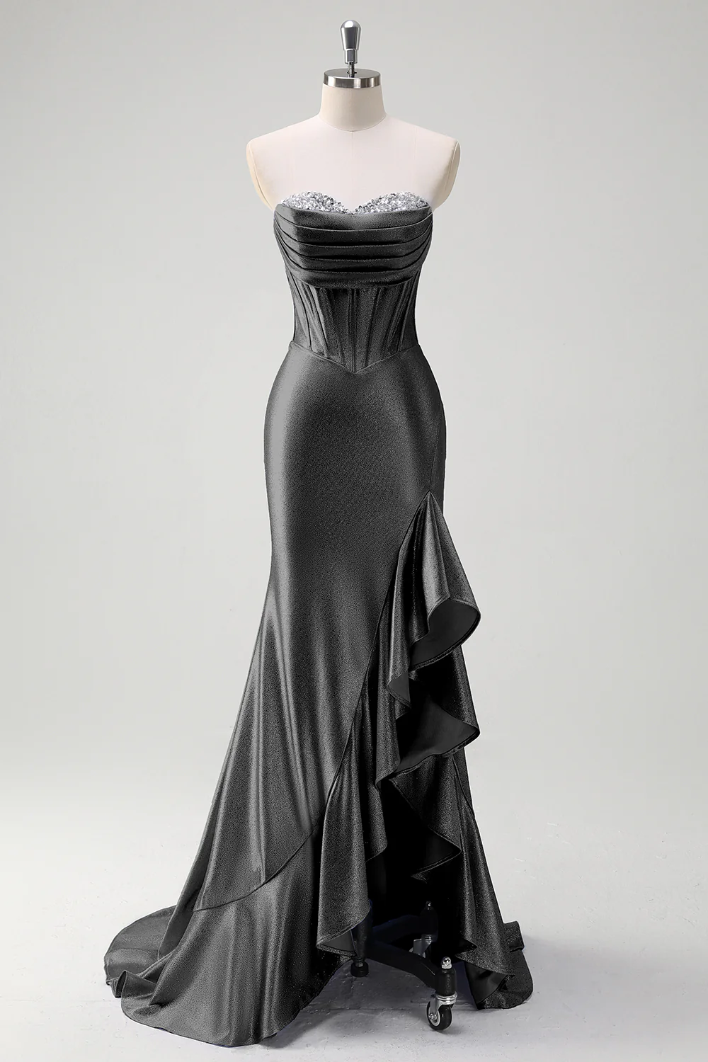 Sparkly Grey Blue Sweetheart Mermaid Long Prom Dress with Ruffles - VNBITS