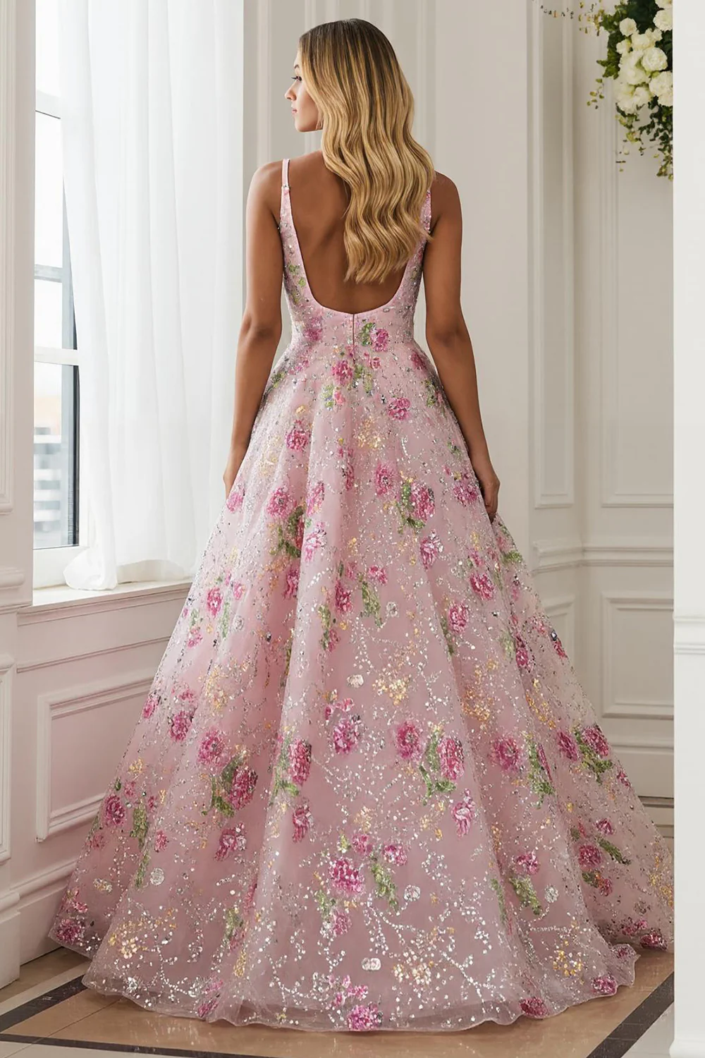 Sparkly Pink Embroidered Floral A Line V-Neck Long Prom Dress - VNBITS