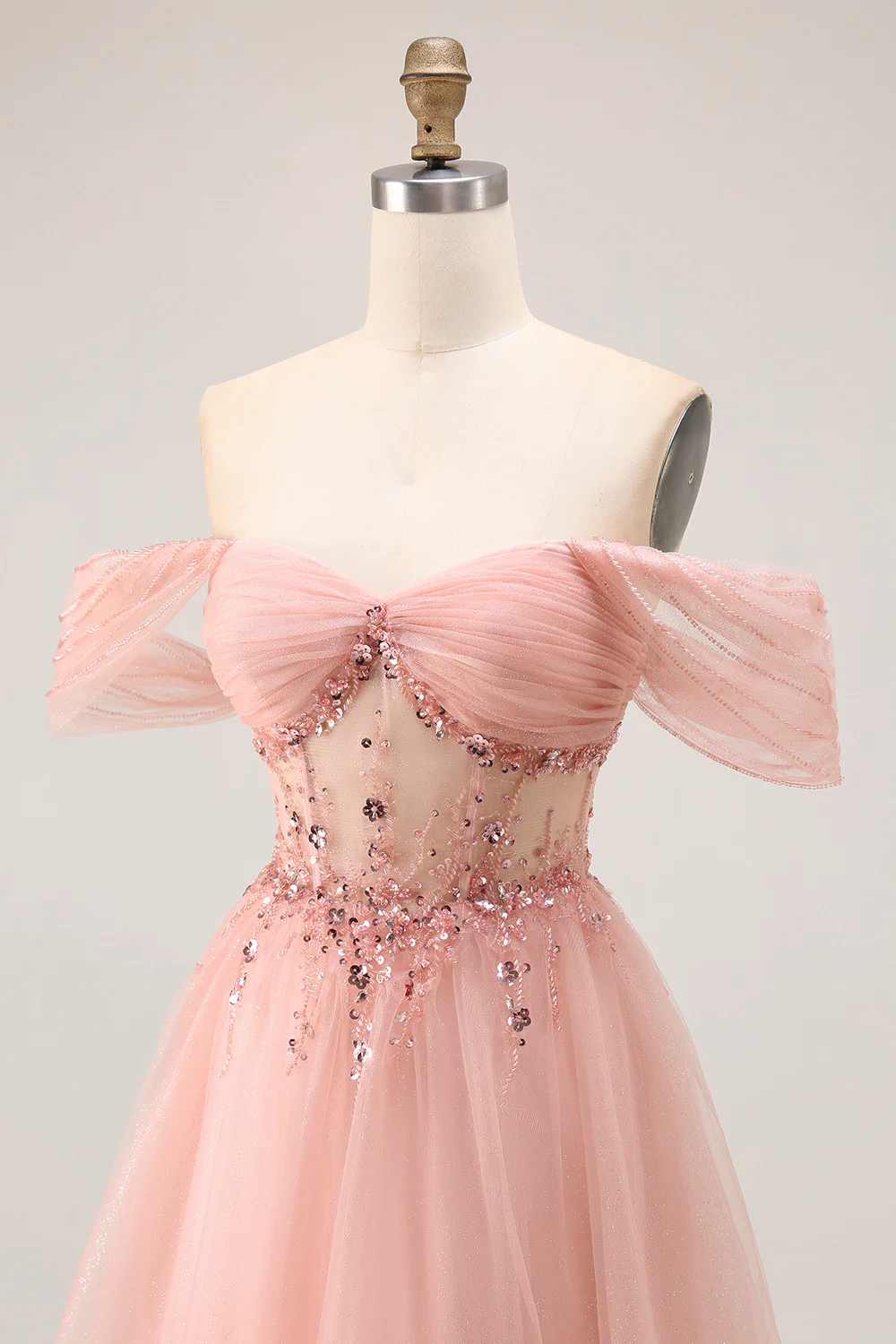 Sparkly Blush Off the Shoulder Long Prom Dress with Sequins - VNBITS