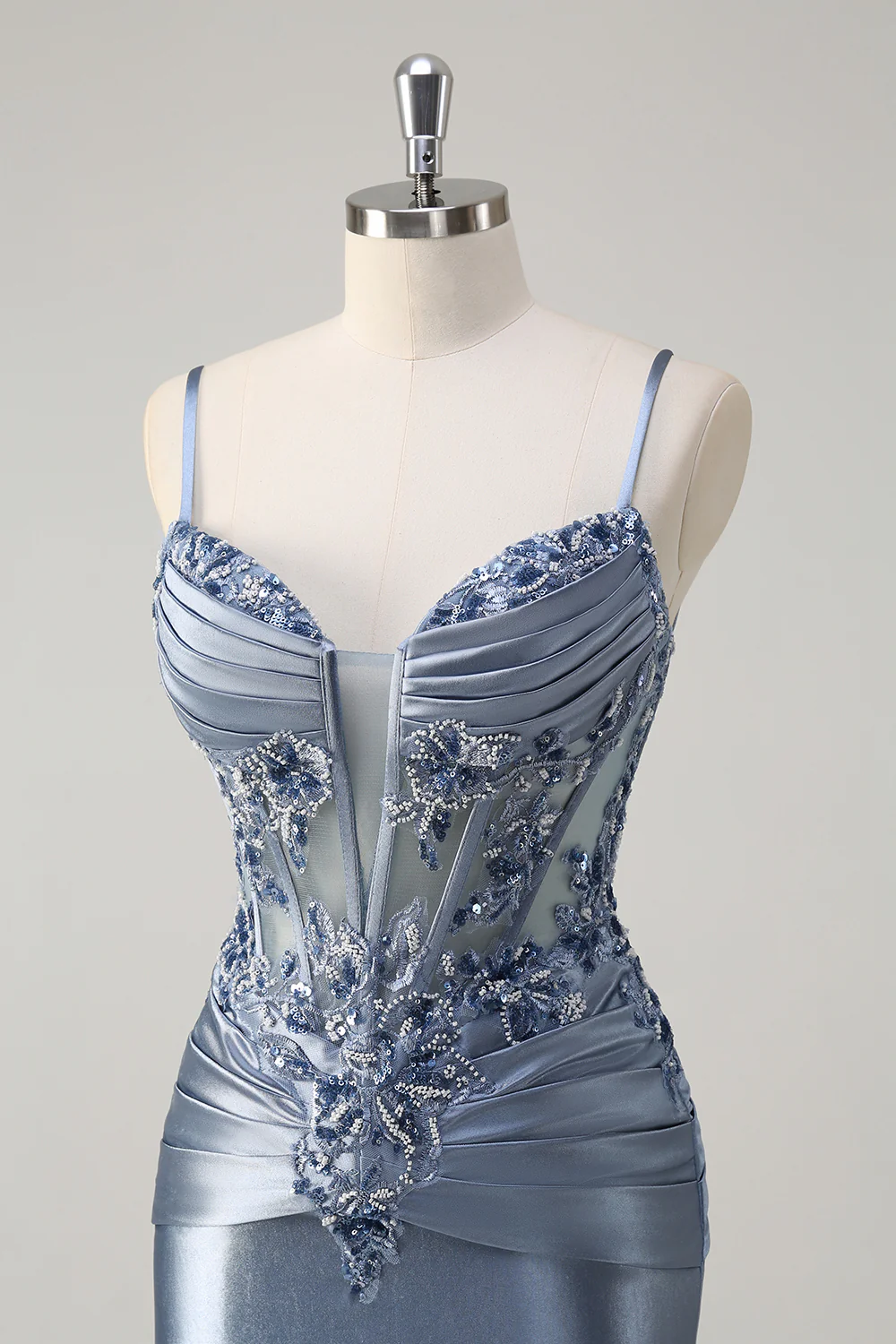 Grey Blue Floral Mermaid Spaghetti Straps Long Prom Dress with Appliques - VNBITS