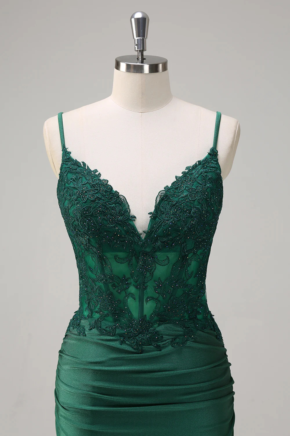 Dark Green V-Neck Mermaid Applique Spaghetti Straps Long Prom Dress - VNBITS