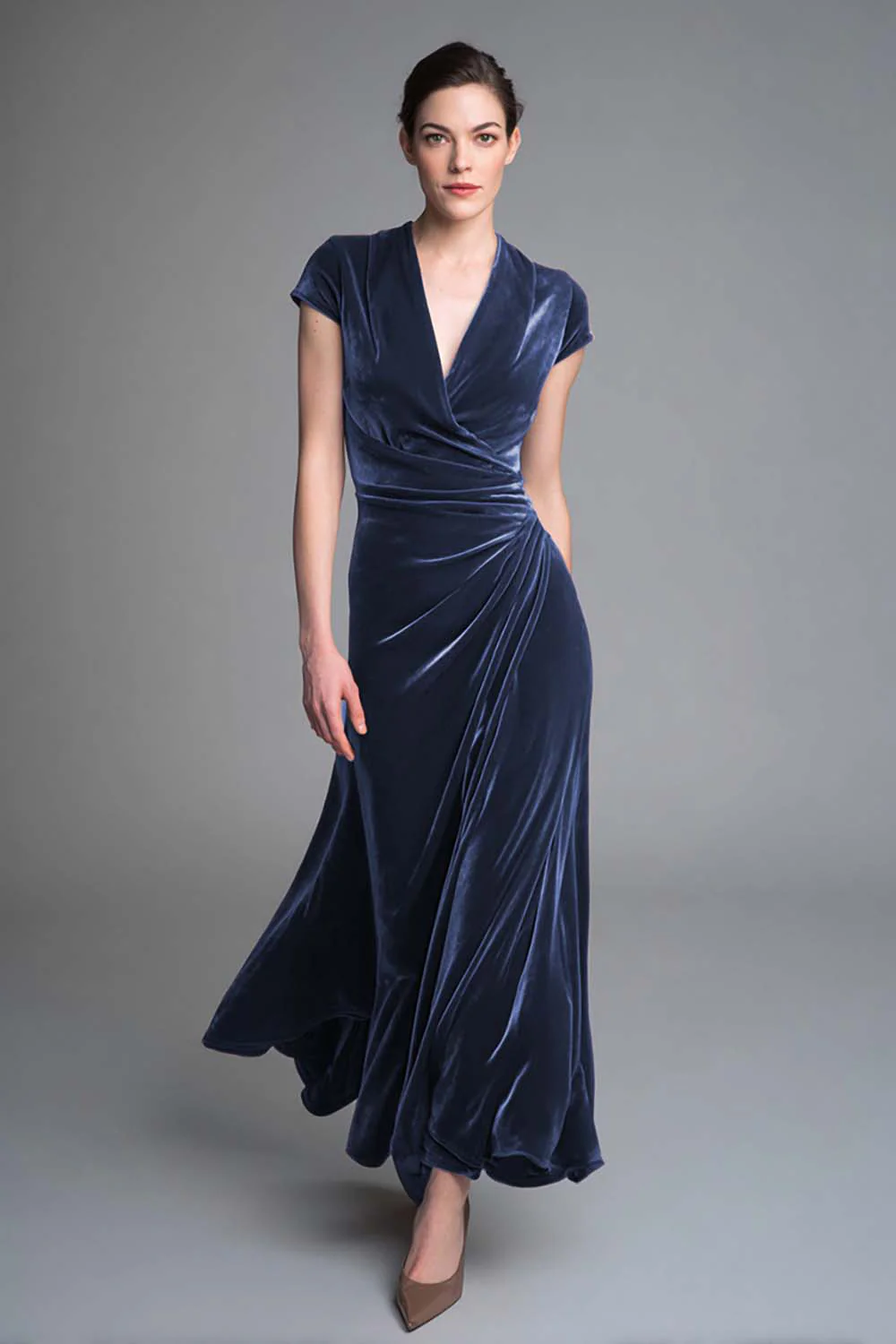 Caramel Velvet Ruched V Neck Long Holiday Party Dress with Sleeves - VNBITS