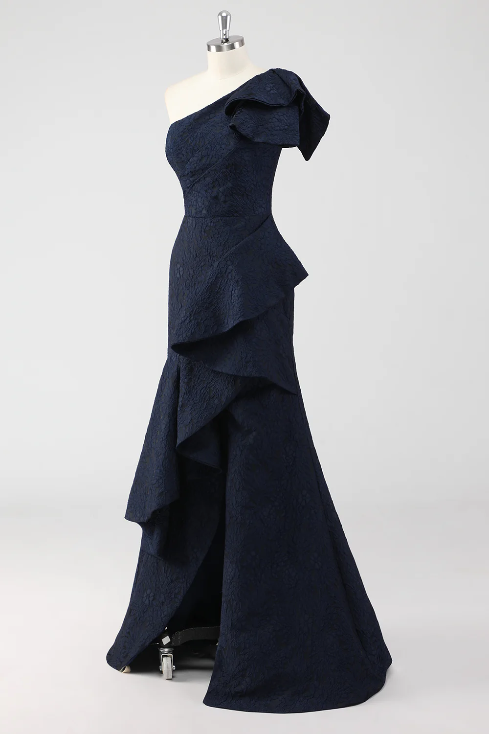 Navy One Shoulder Ruffled Mermaid Formal Dress - VNBITS