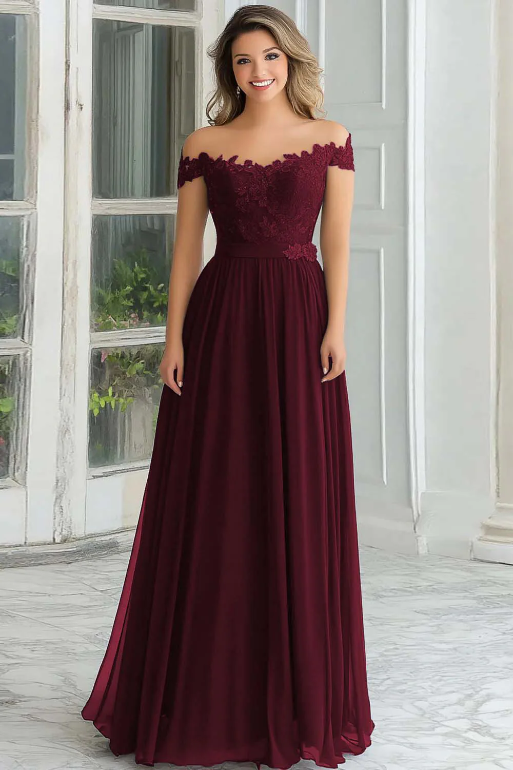 Elegant A-Line Navy Off the Shoulder Chiffon Long Mother Of the Bride Dress with Lace Appliques - VNBITS