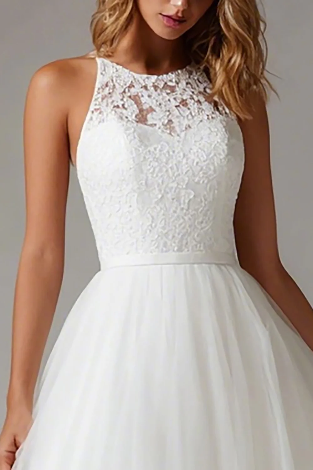 White A Line Tulle Midi Engagement Dress with Lace - VNBITS