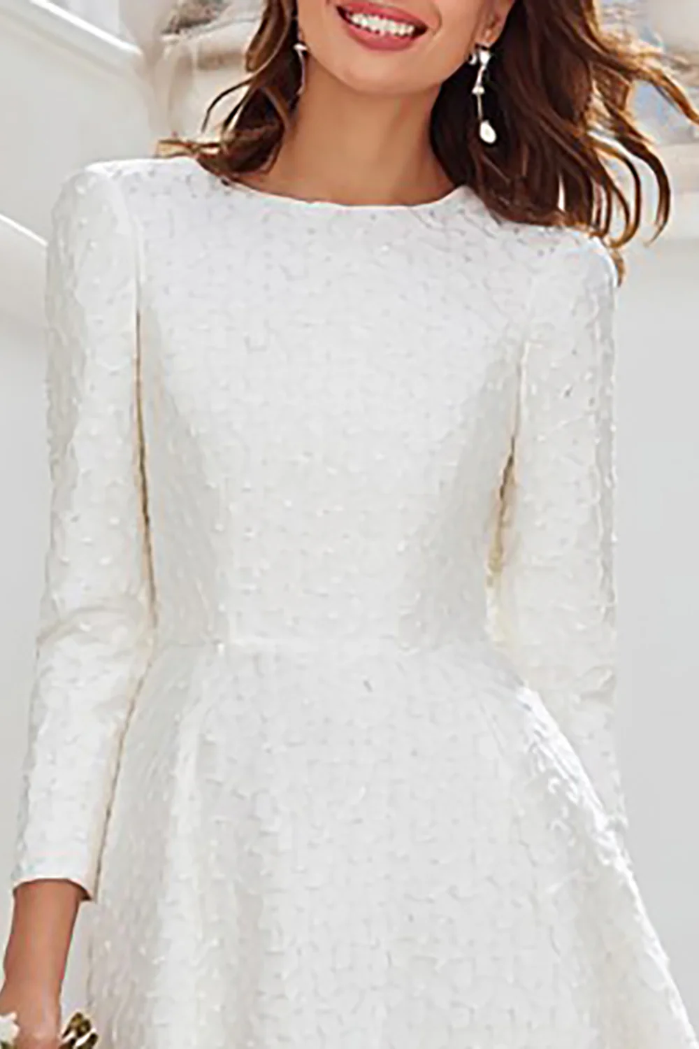 Ivory Round Neck A Line Midi Rehearsal Dinner Dress with Sleeves - VNBITS
