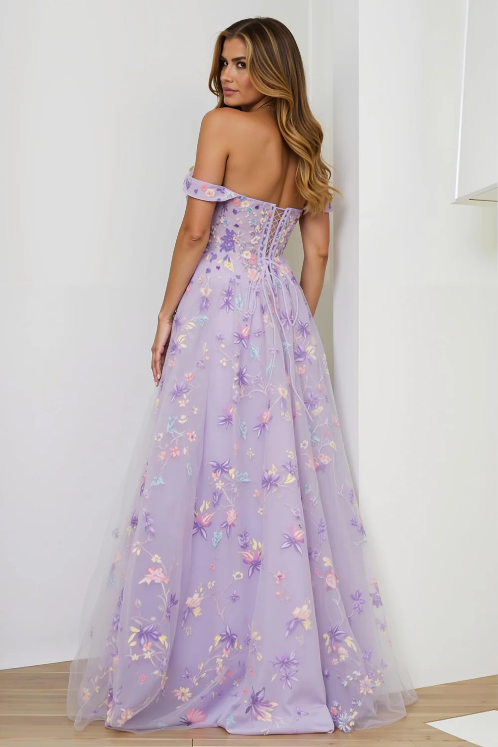 Lilac Corset Embroidered A Line Floral Long Prom Dress with Slit - VNBITS