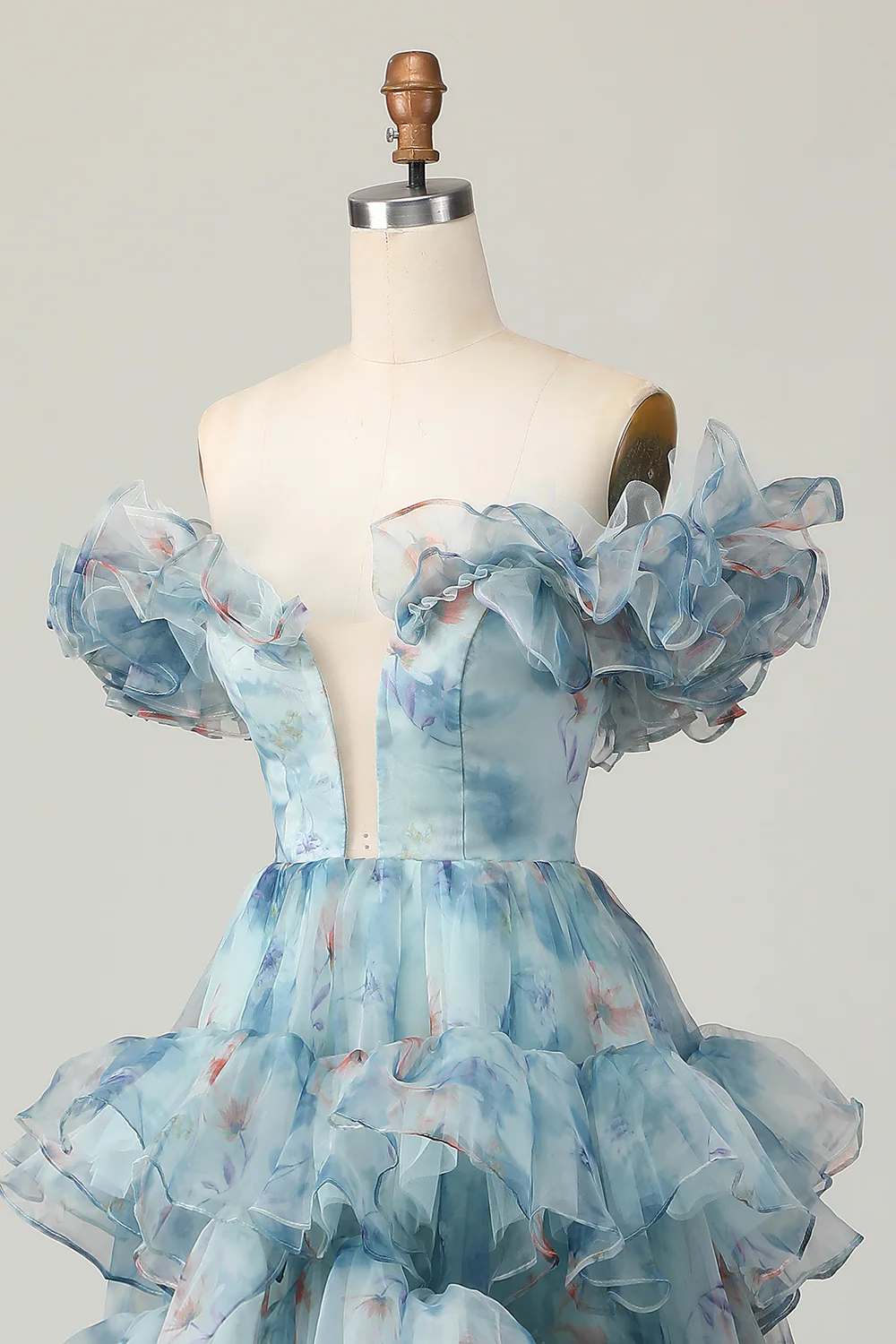 Floral Blue Off the Shoulder A Line Long Prom Dress with Ruffled - VNBITS