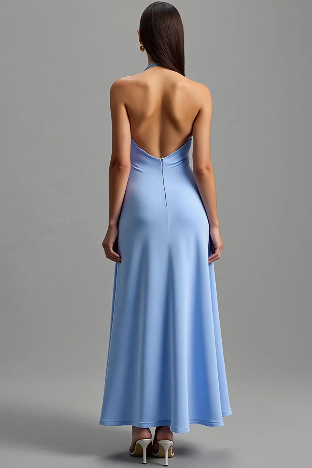 Blue Halter Satin Backless Long Formal Dress - VNBITS