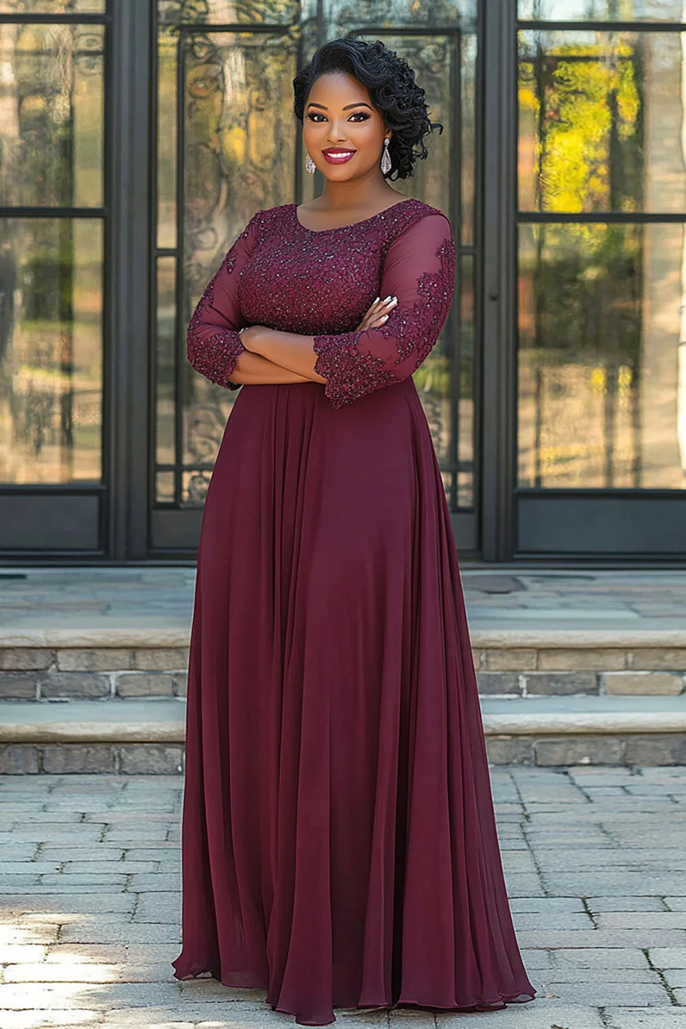 A Line Burgundy Chiffon Long Plus Size Mother of the Bride Dress - VNBITS
