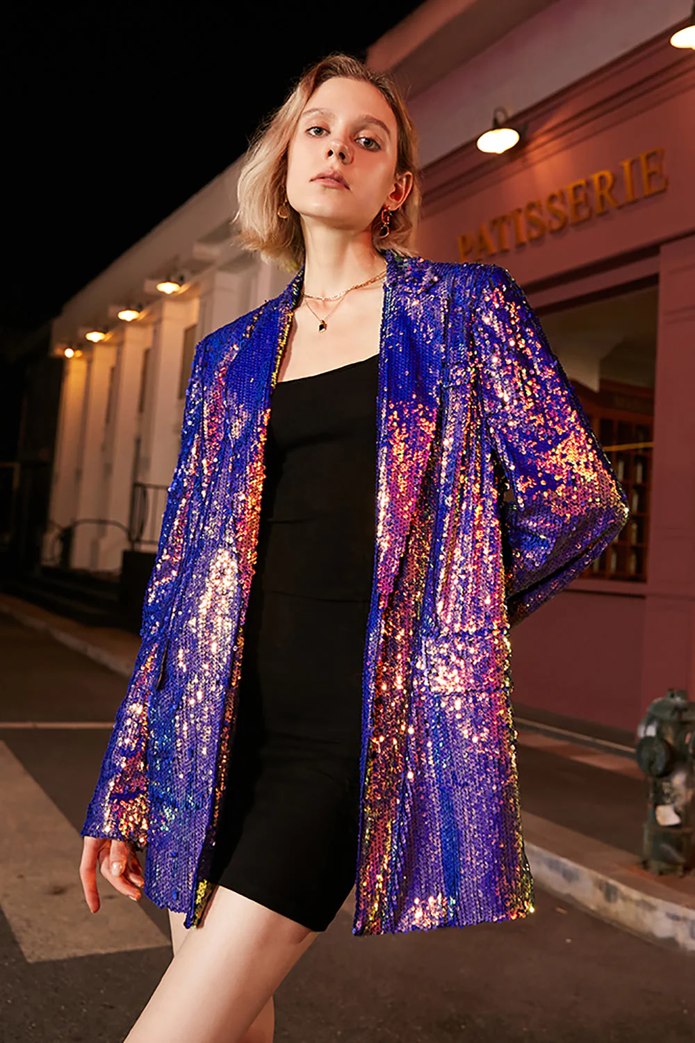 Sparkly Purple Sequins Oversized Longline Prom Blazer For Women - VNBITS