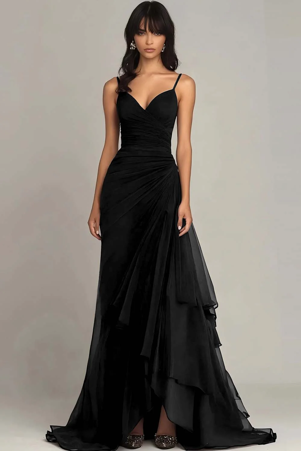 Ink Blue Sweetheart Ruched Chiffon Long Formal Dress with Ruffles - VNBITS