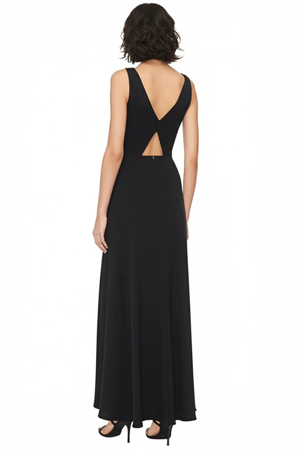 Satin A Line V-Neck Cut Out Long Black Tie Dress - VNBITS