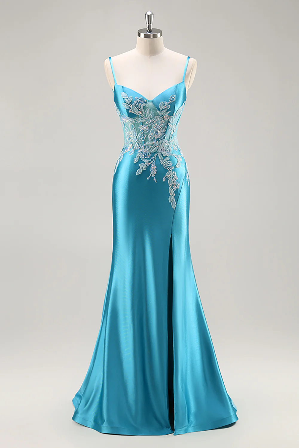Blue Corset Appliqued Satin Mermaid Long Prom Dress with Slit - VNBITS