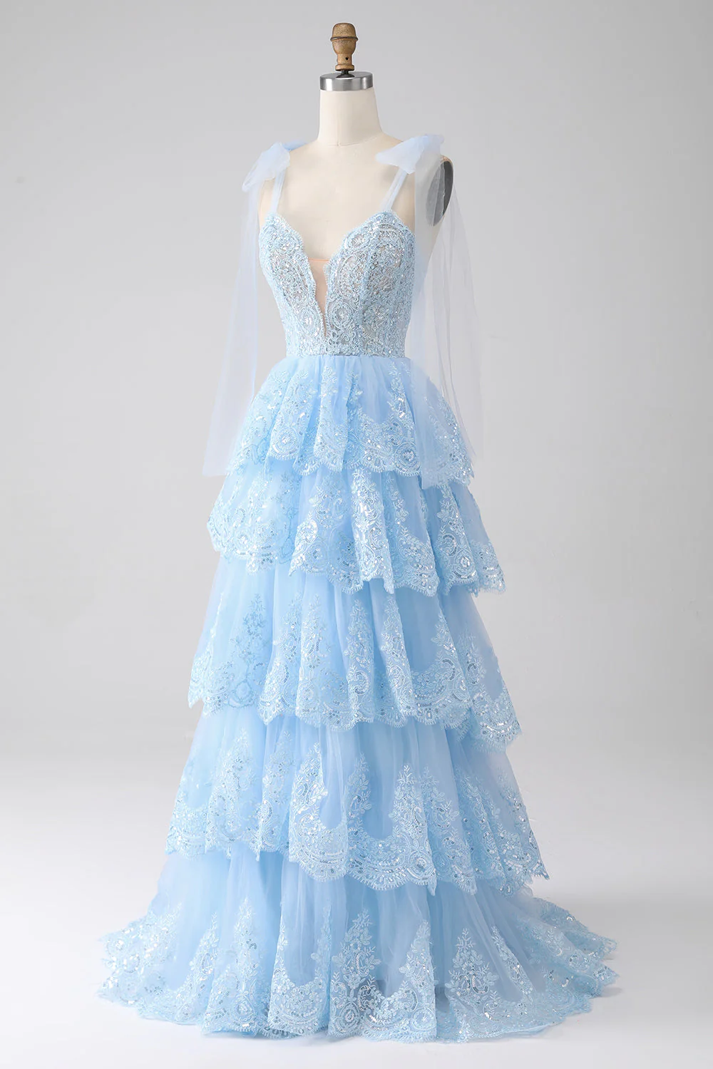 Light Blue Sweetheart Bow Tie Straps Tiered Tulle Sequin Prom Dress with Appliques - VNBITS