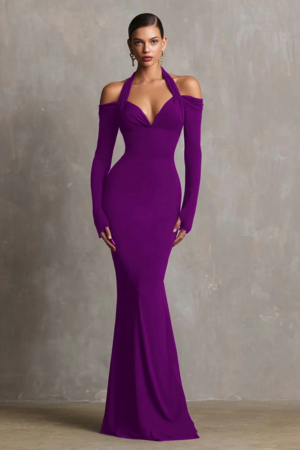 Burgundy Mermaid Halter Long Sleeves Long Formal Dress - VNBITS