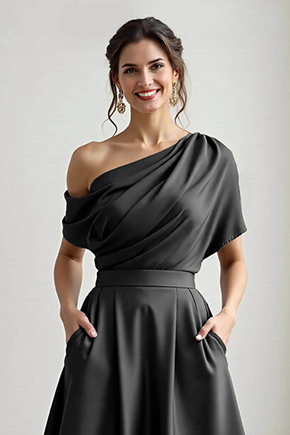 Black A Line Long Satin Mother of the Bride Dress with Pockets - VNBITS