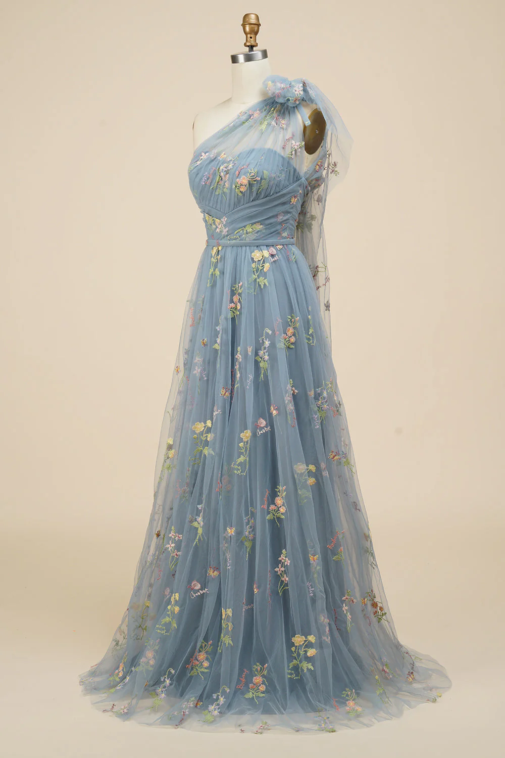 A-Line Grey Blue Long Prom Dress With Embroidery - VNBITS