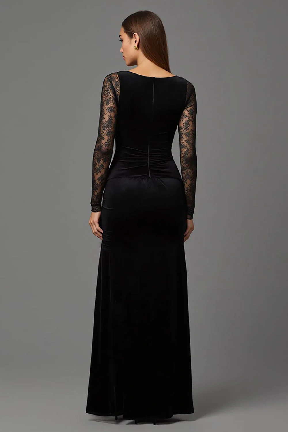 Black Velvet Sheath Illusion Neck Long Formal Dress with Sleeves - VNBITS