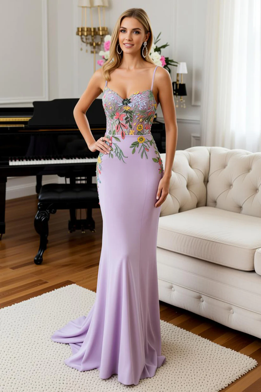 Lilac Floral Mermaid Spaghetti Straps Long Prom Dress - VNBITS