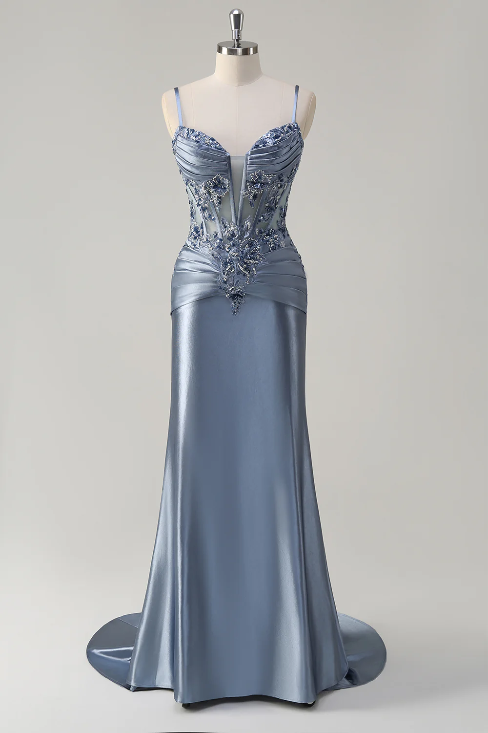 Grey Blue Floral Mermaid Spaghetti Straps Long Prom Dress with Appliques - VNBITS