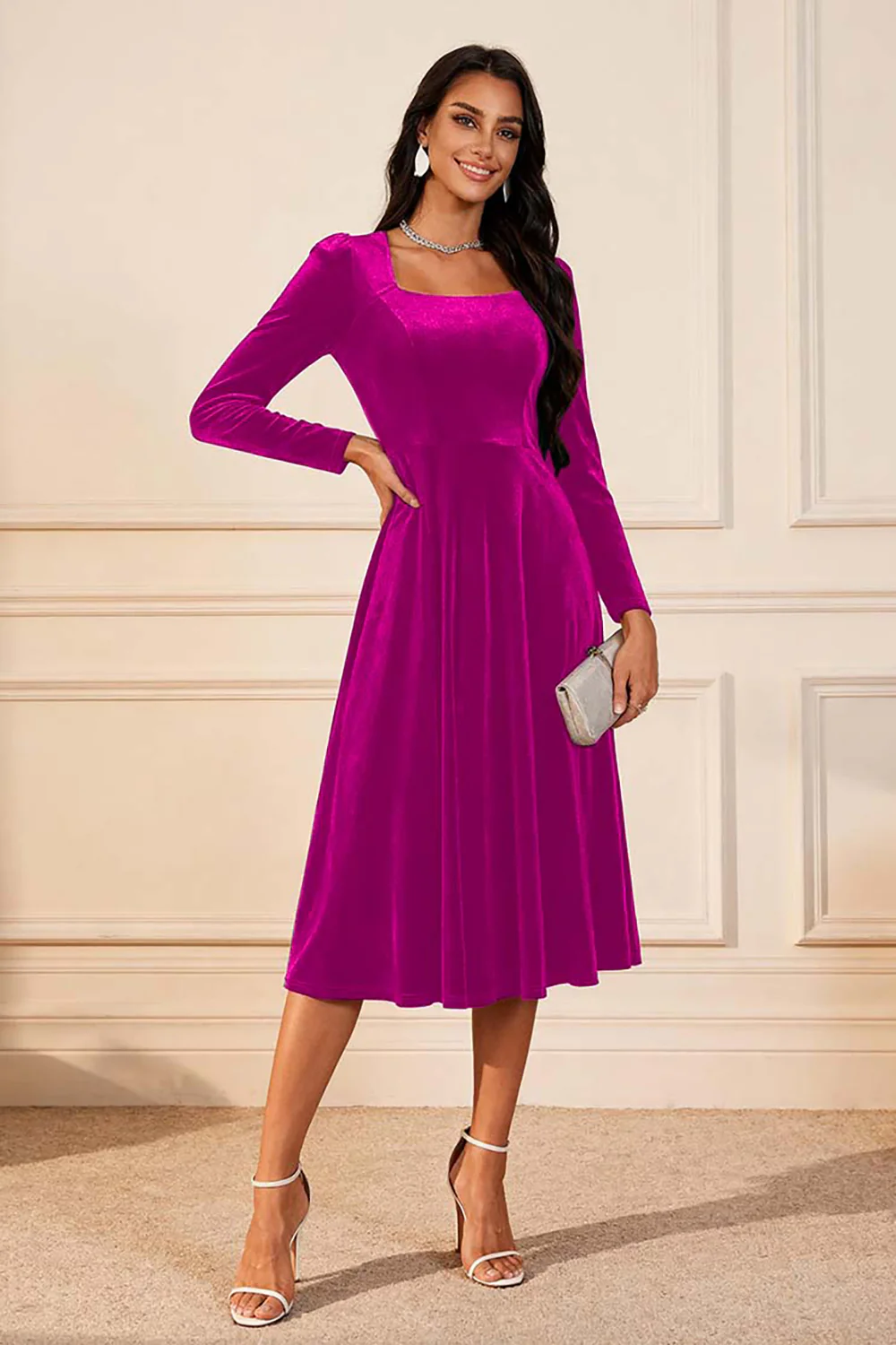 Dark Green A Line Velvet Midi Glitter Holiday Party Dress with Sleeves - VNBITS
