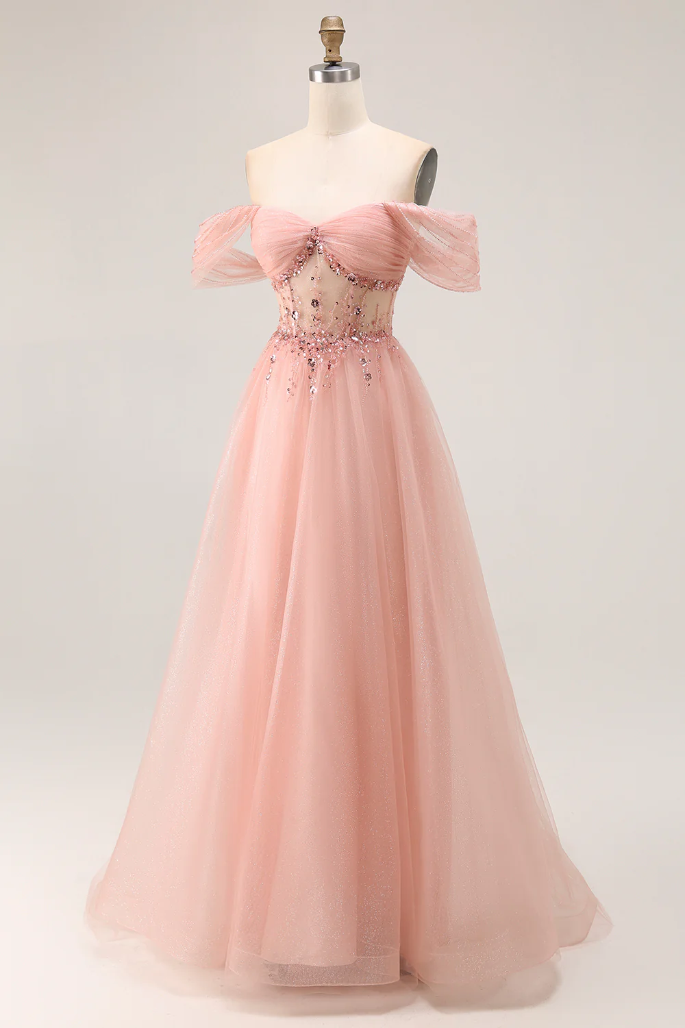 Sparkly Blush Off the Shoulder Long Prom Dress with Sequins - VNBITS