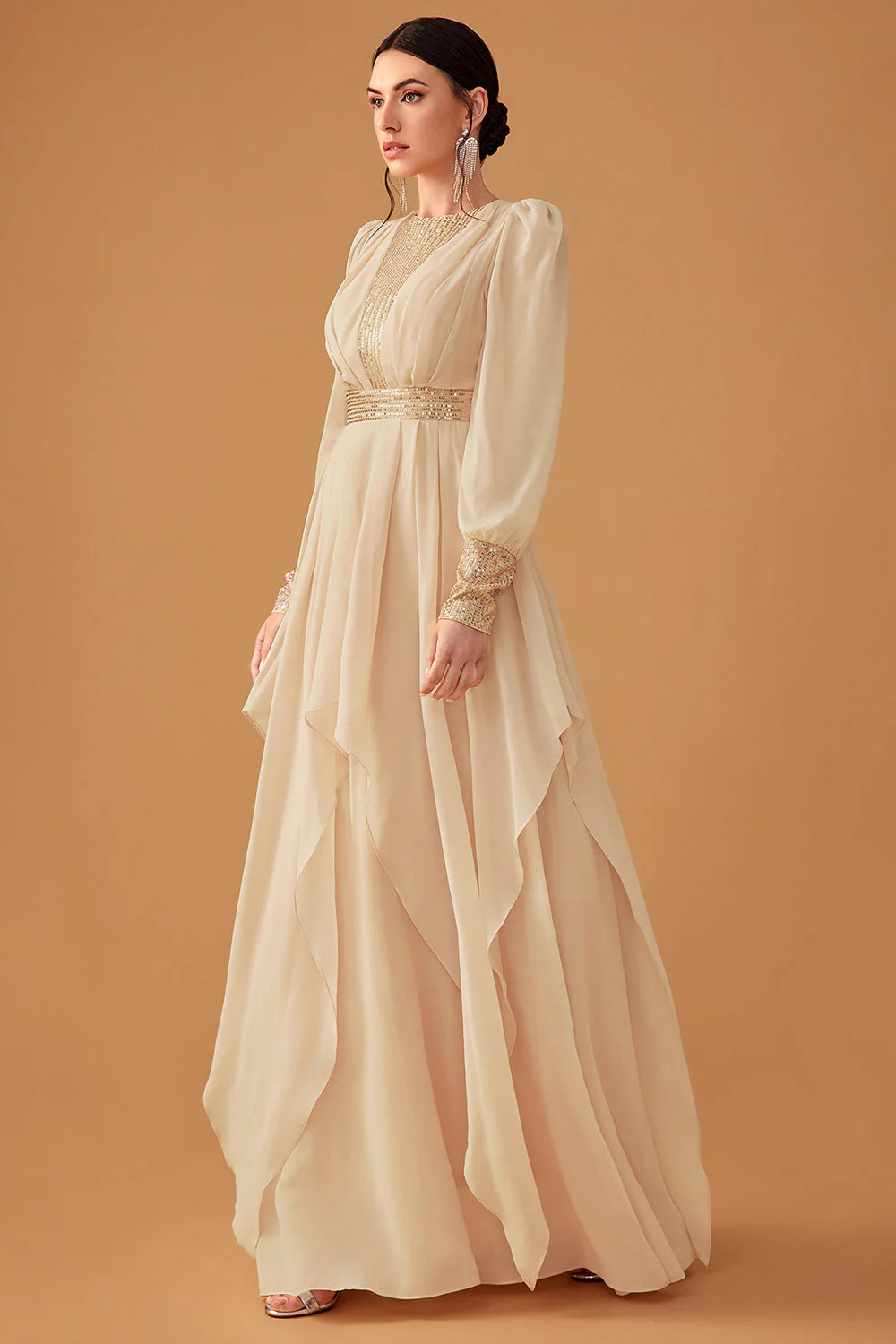 Champagne Ruffles A Line Long Prom Dress with Long Sleeves - VNBITS