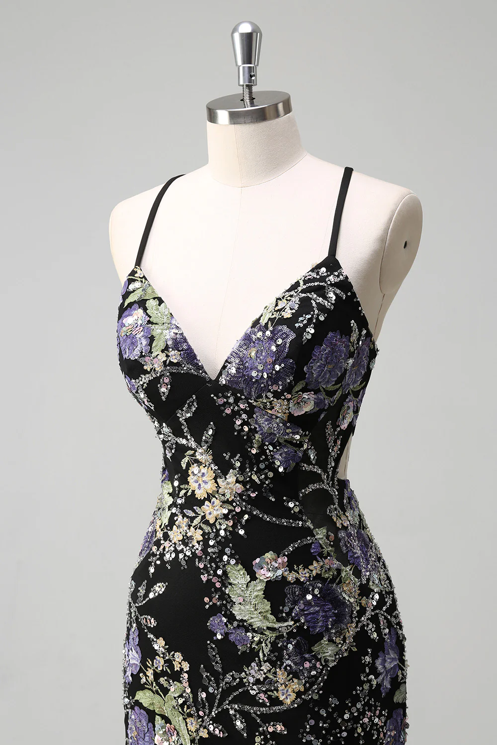 Sparkly Black Floral Mermaid Lace-Up Back Long Prom Dress - VNBITS