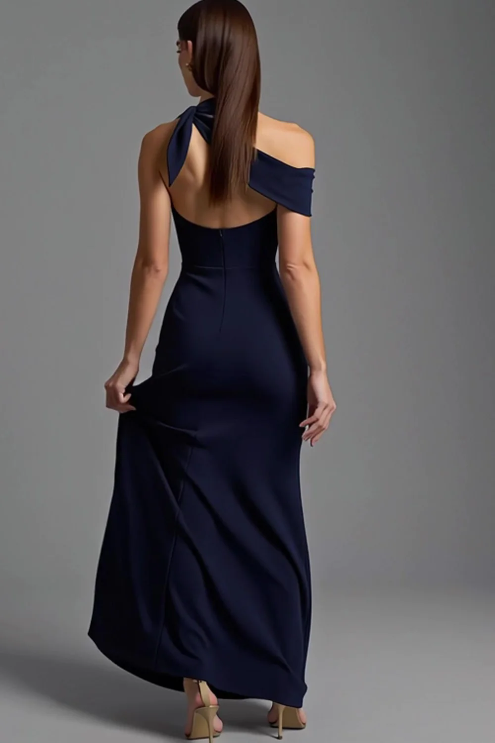 Navy Satin Sheath Asymmetrical Neck Long Formal Dress - VNBITS