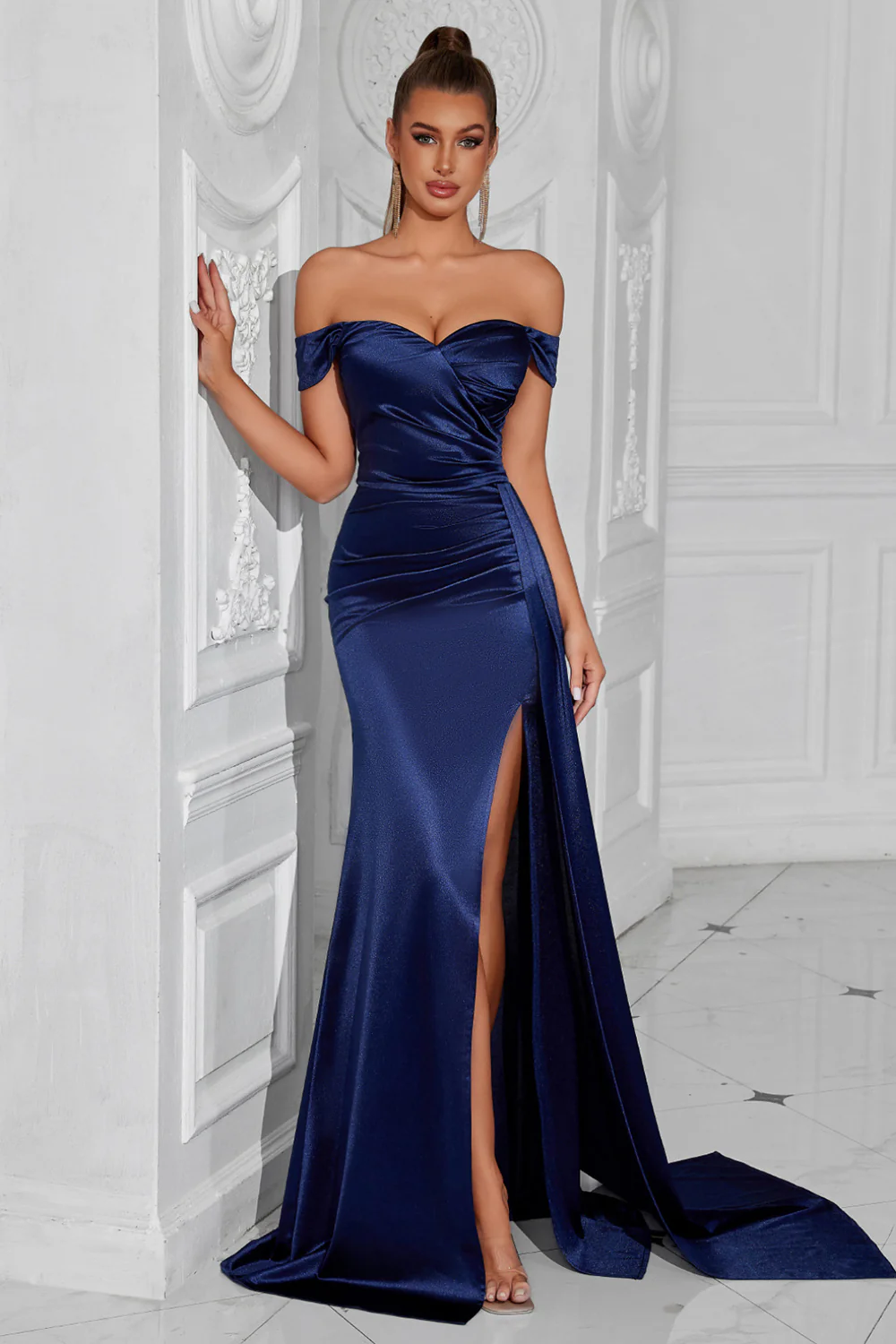 Dark Green Mermaid Off The Shoulder Ruched Long Prom Dress with Slit - VNBITS