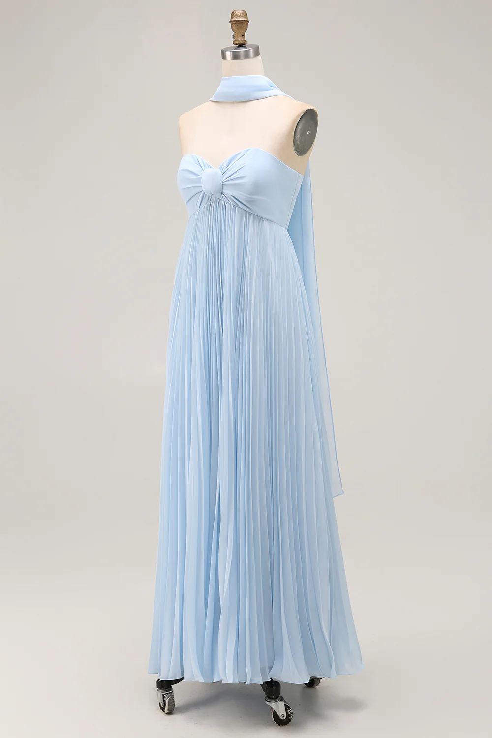 Sky Blue A Line Neck Scarf Pleated Long Bridesmaid Dress - VNBITS