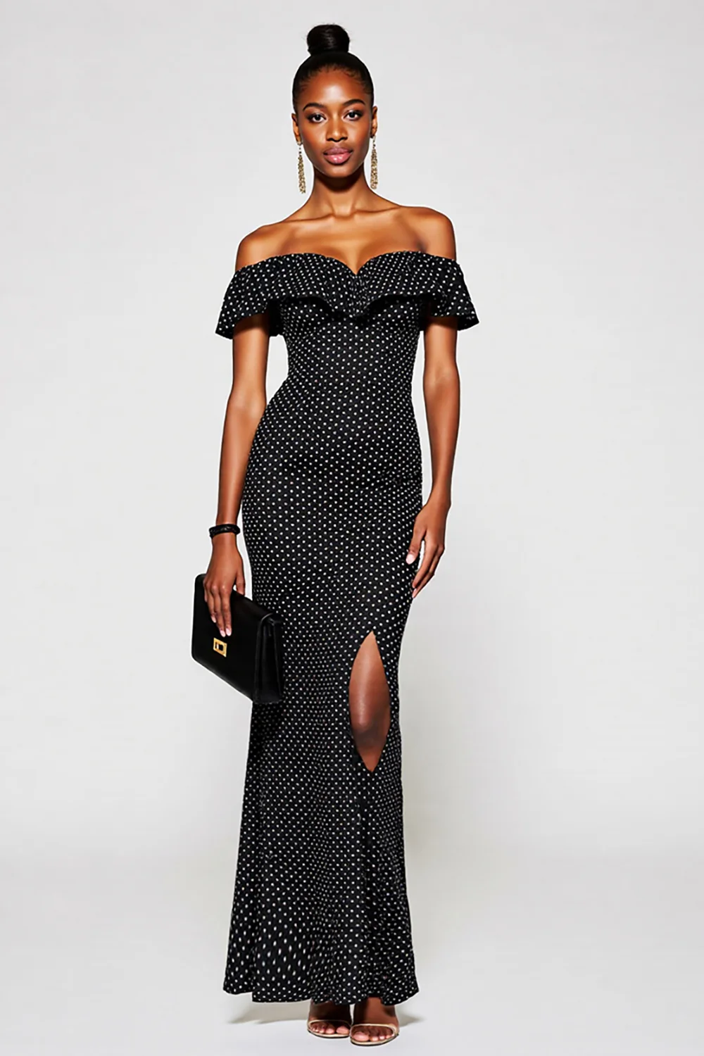 Black and White Off the Shoulder Maxi Mermaid Polka Dot Dress with Slit - VNBITS