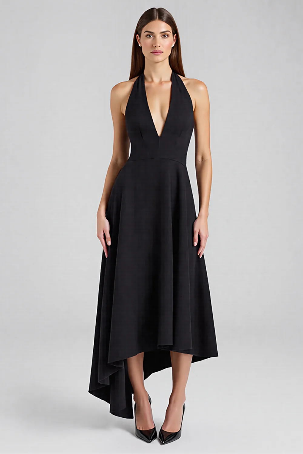Satin Asymmetrical Halter Backless Long Black Tie Dress - VNBITS