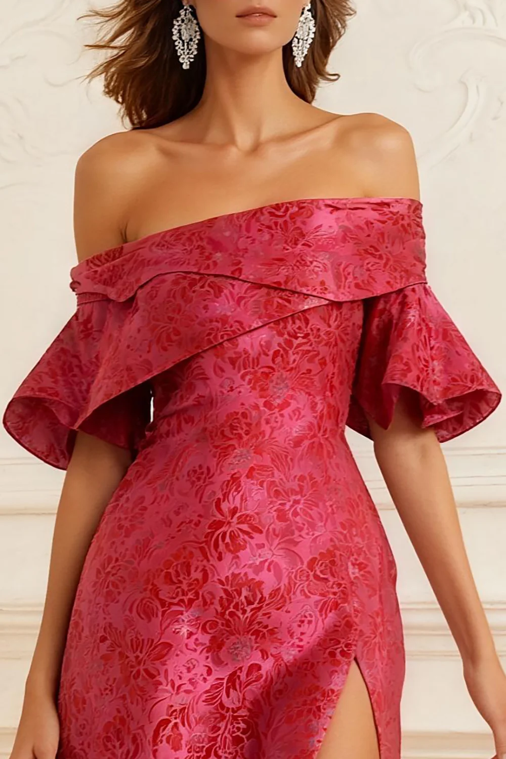 Rust Jacquard Sheath Off the Shoulder Long Prom Dress with Slit - VNBITS