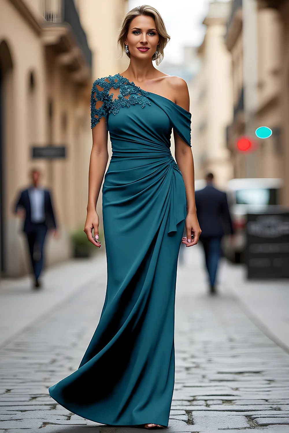 Black One Shoulder Sheath Long Mother of the Bride Dress with Appliques - VNBITS