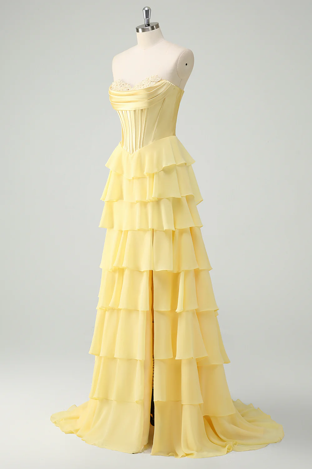 Yellow A-Line Tiered Sweetheart Long Prom Dress with Slit - VNBITS